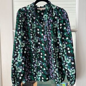 LOFT Black and Green Floral Blouse